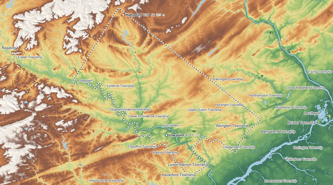 Topographic elevation map of Montgomery County, Pennsylvania, shaded from 8 ft on the south side to 710 ft on the northwest side