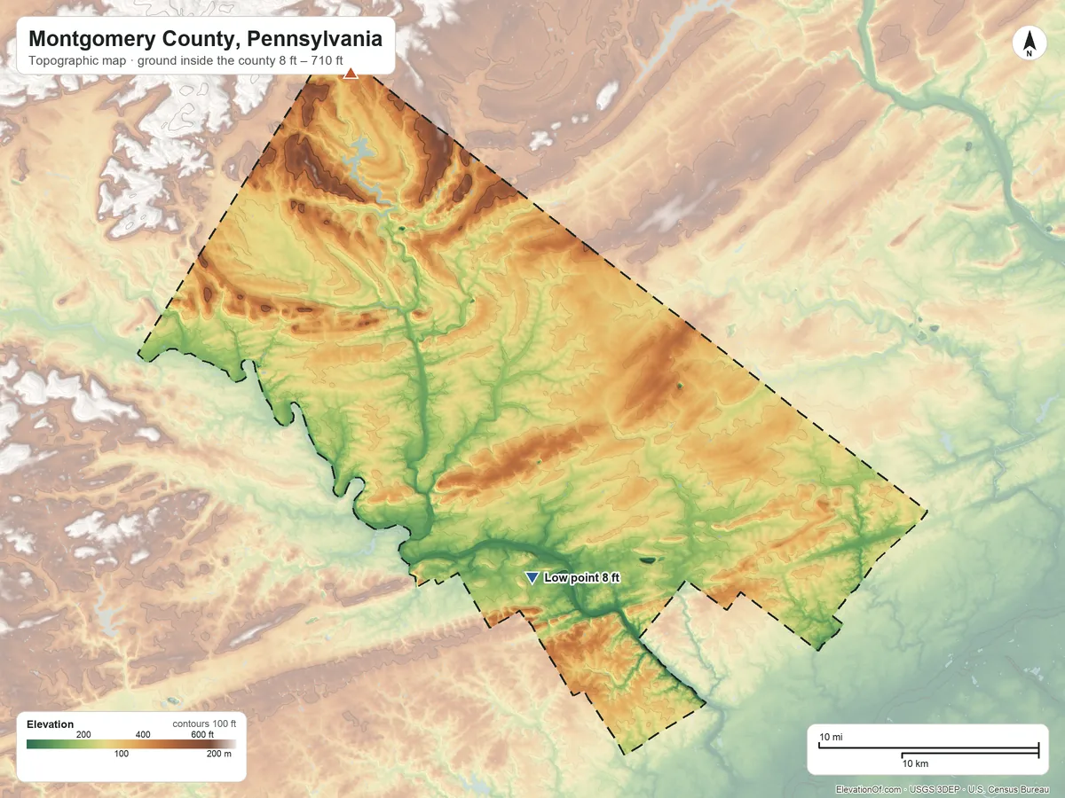 Topographic elevation map of Montgomery County, Pennsylvania, shaded from 8 ft on the south side to 710 ft on the northwest side
