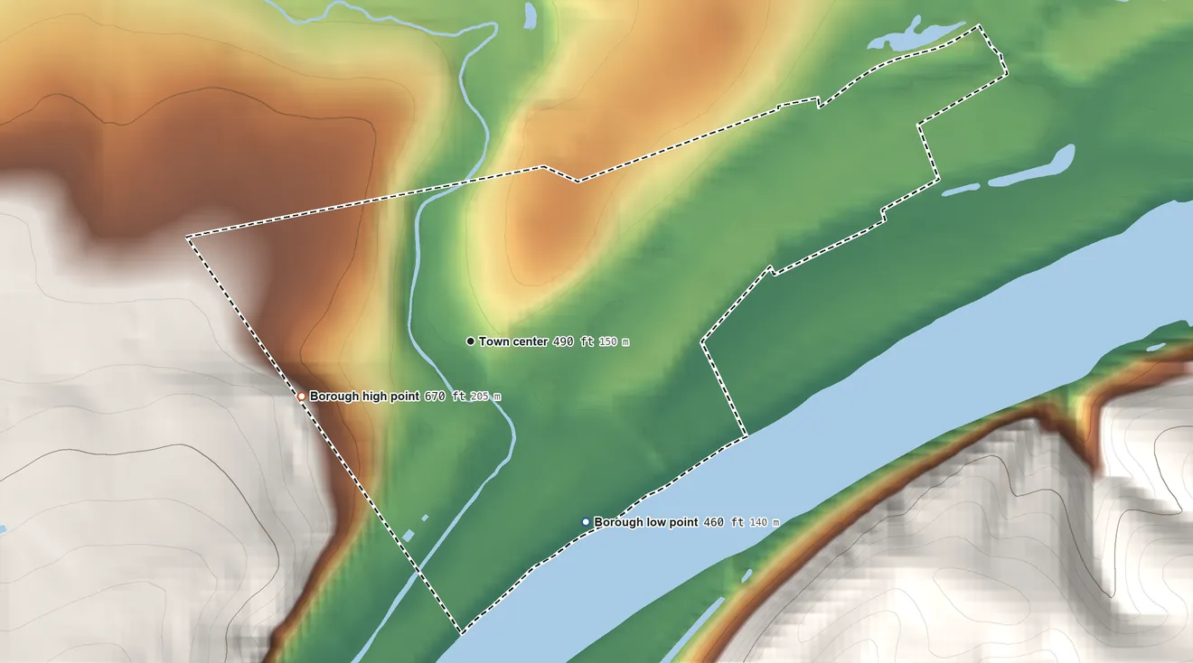 Topographic elevation map of Montgomery, Pennsylvania, shaded from 460 ft on the southeast side to 670 ft at the foot of the Muncy Hills