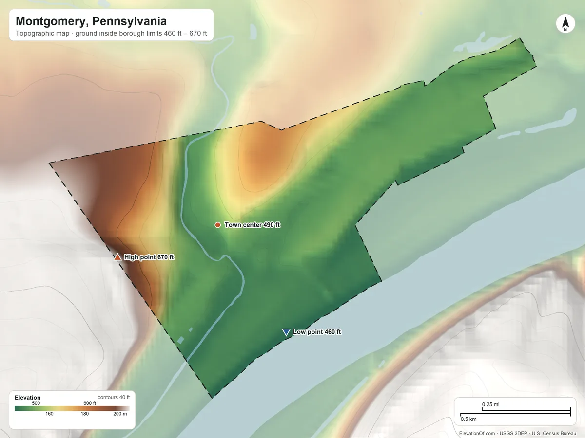 Topographic elevation map of Montgomery, Pennsylvania, shaded from 460 ft on the southeast side to 670 ft at the foot of the Muncy Hills