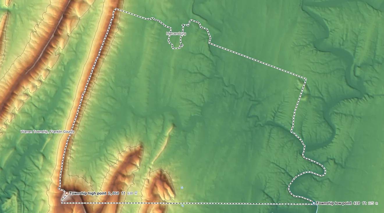 Topographic elevation map of Montgomery Township, Franklin County, Pennsylvania, shaded from 410 ft on the southeast side to 2,060 ft on Cross Mountain