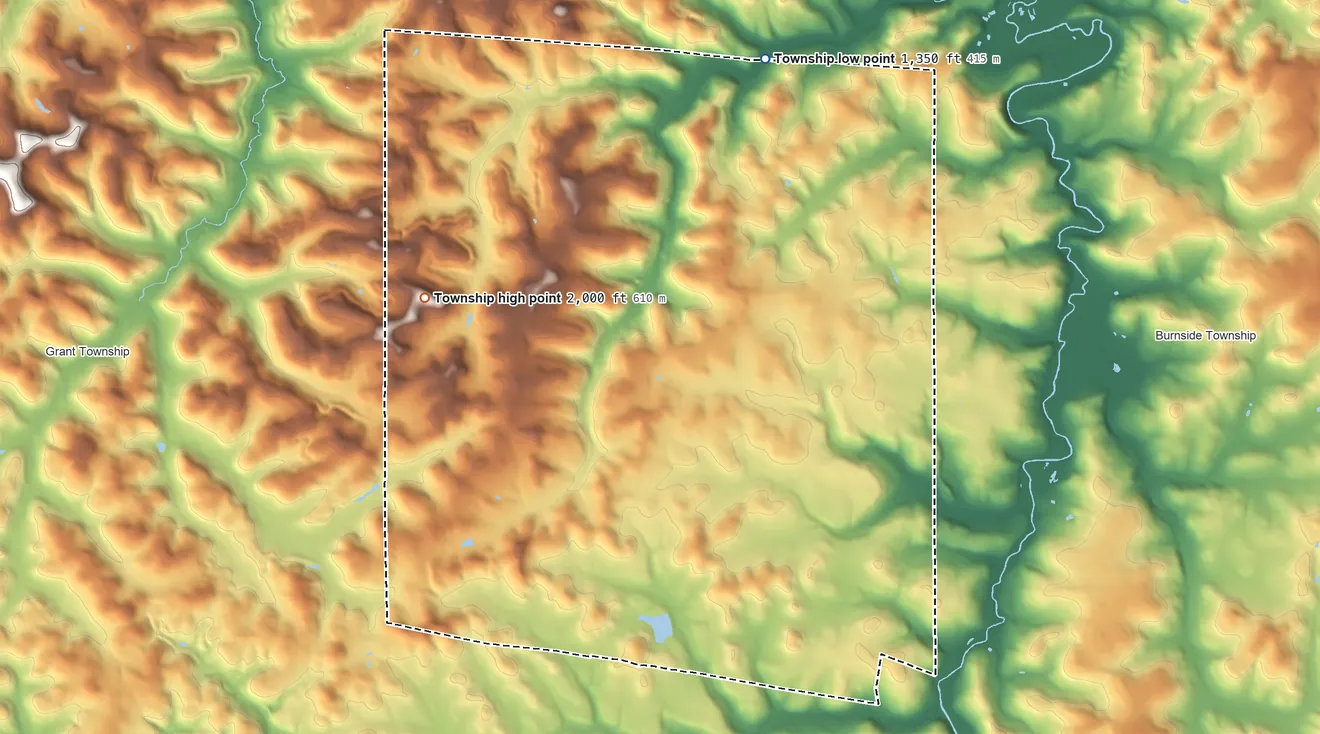 Topographic elevation map of Montgomery Township, Indiana County, Pennsylvania, shaded from 1,350 ft on the north side to 2,000 ft on the northwest side