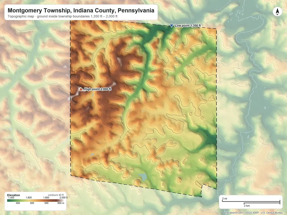 Topographic elevation map of Montgomery Township, Indiana County, Pennsylvania, shaded from 1,350 ft on the north side to 2,000 ft on the northwest side