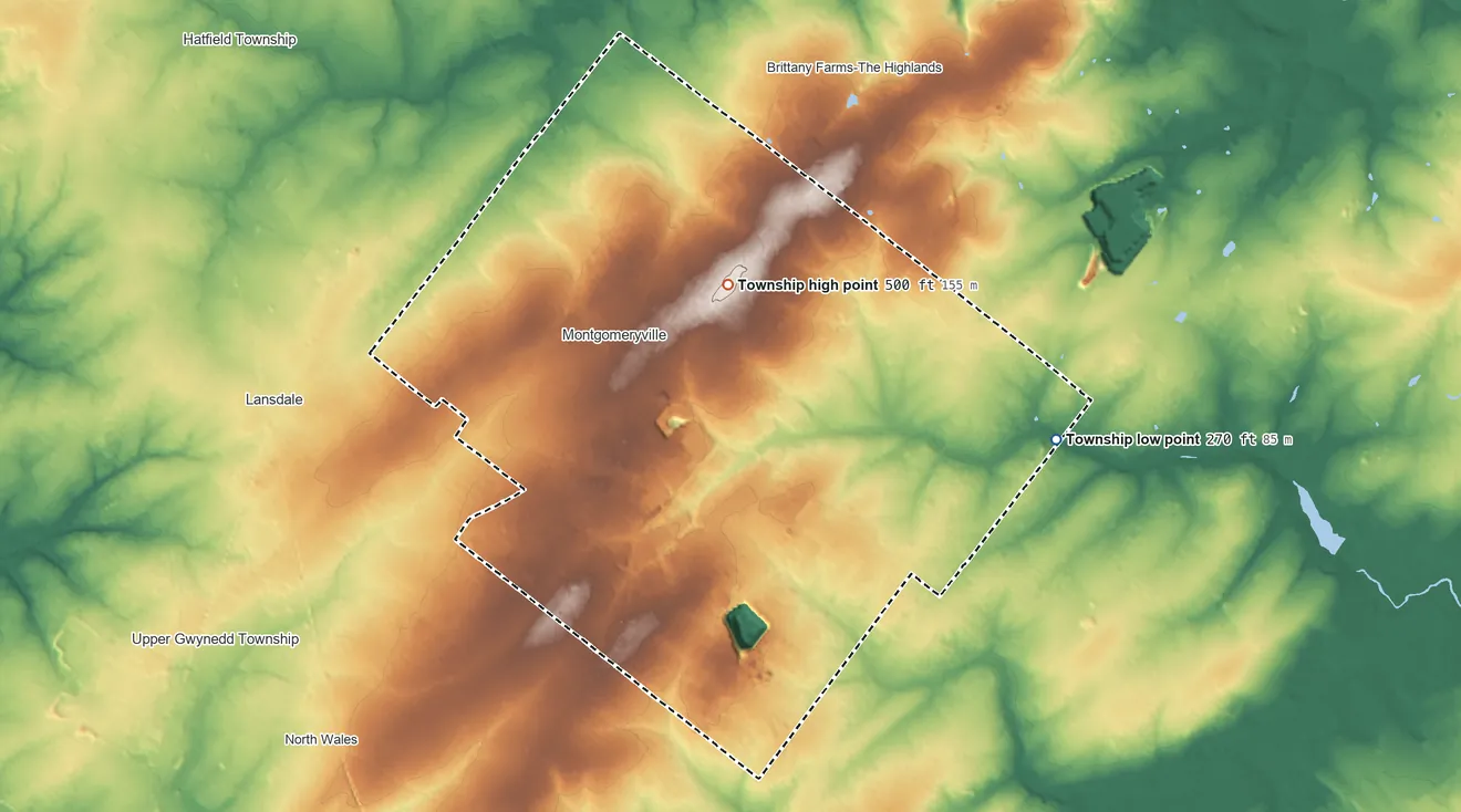 Topographic elevation map of Montgomery Township, Pennsylvania, shaded from 270 ft on the east side to 500 ft on the north side