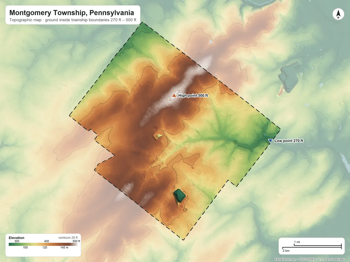 Topographic elevation map of Montgomery Township, Pennsylvania, shaded from 270 ft on the east side to 500 ft on the north side