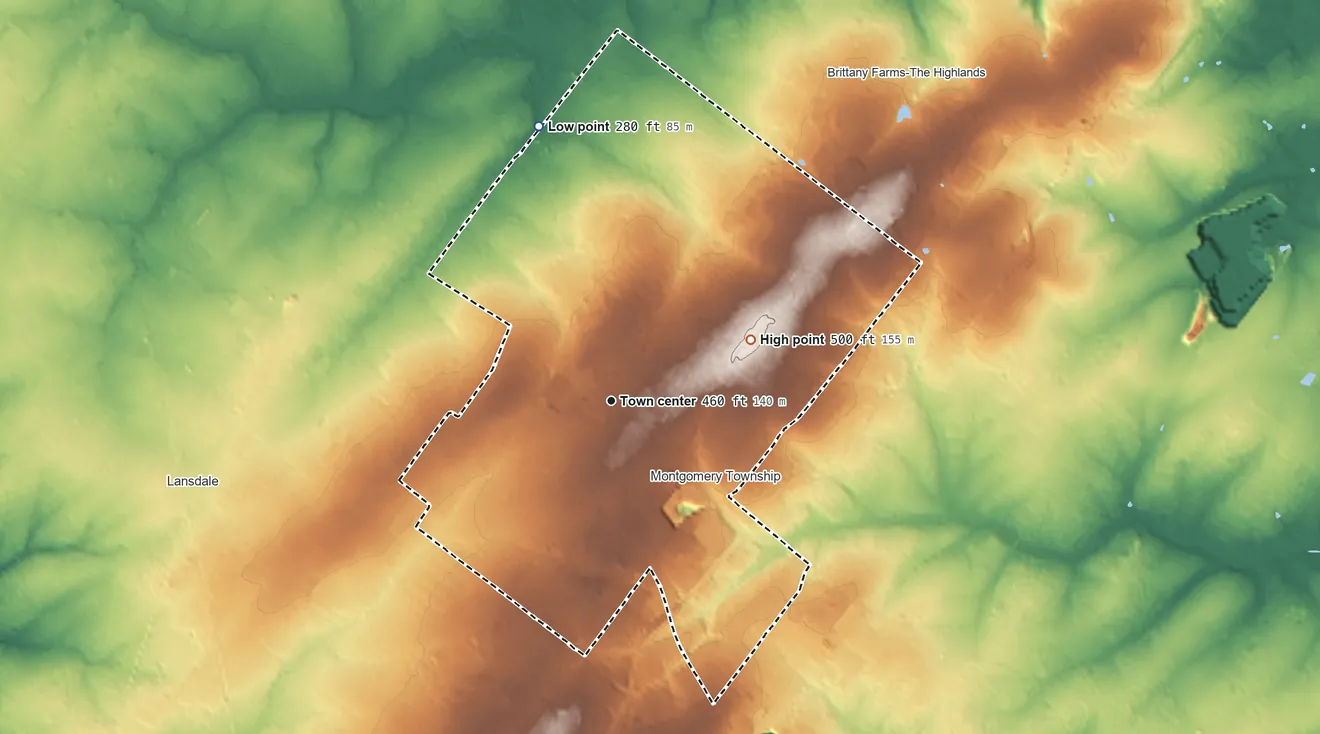 Topographic elevation map of Montgomeryville, Pennsylvania, shaded from 280 ft on the north side to 500 ft on the northeast side