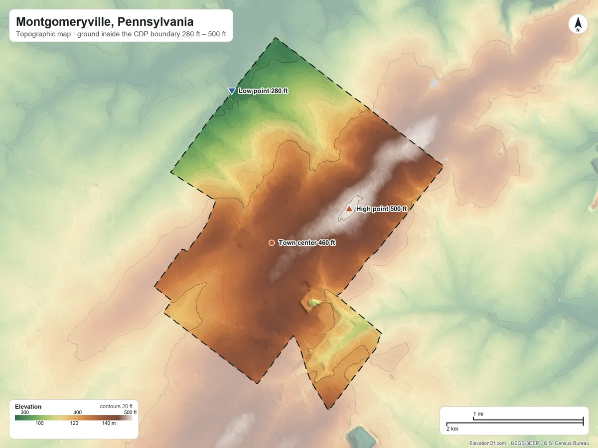 Topographic elevation map of Montgomeryville, Pennsylvania, shaded from 280 ft on the north side to 500 ft on the northeast side