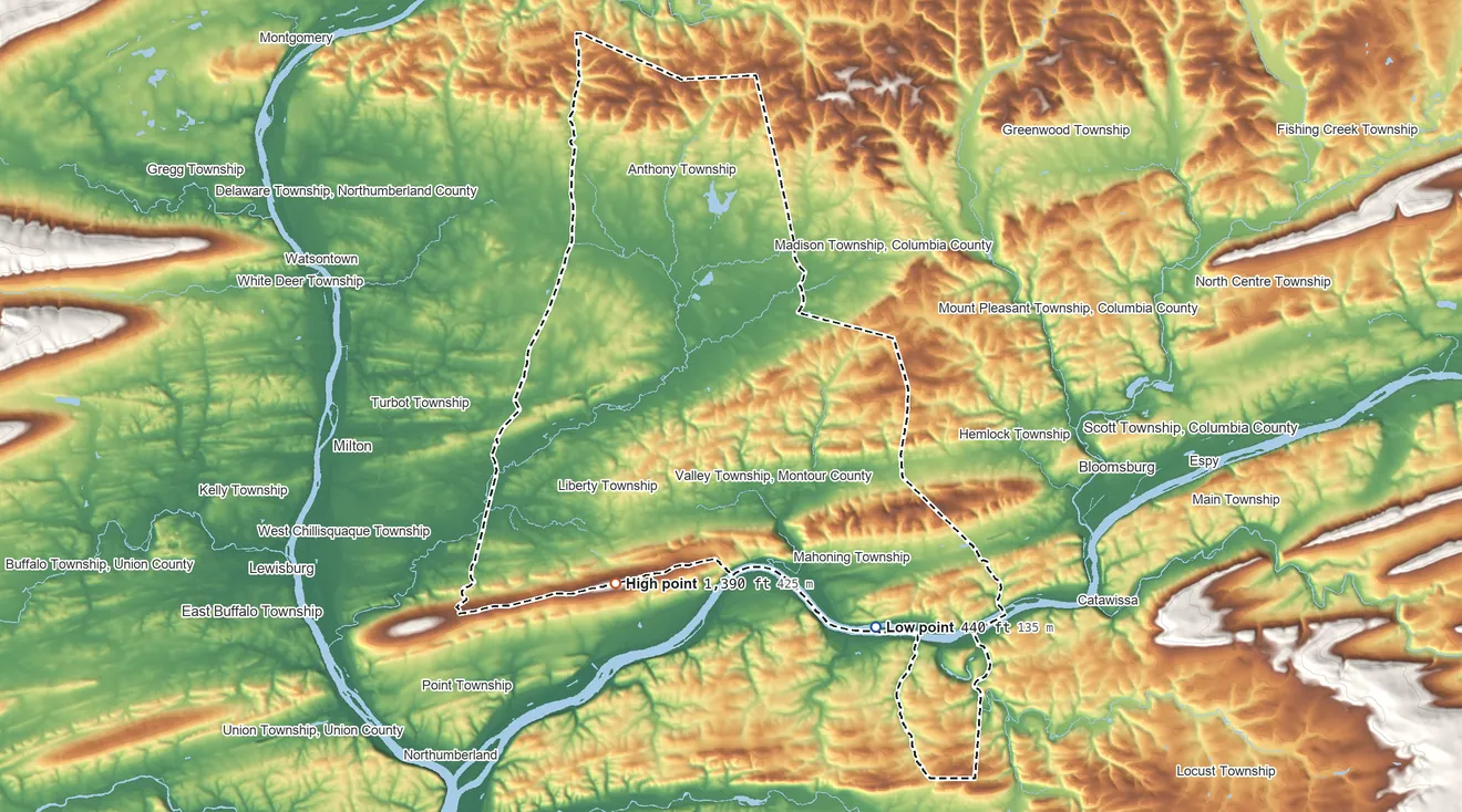 Topographic elevation map of Montour County, Pennsylvania, shaded from 440 ft on the southeast side to 1,390 ft on the southwest side
