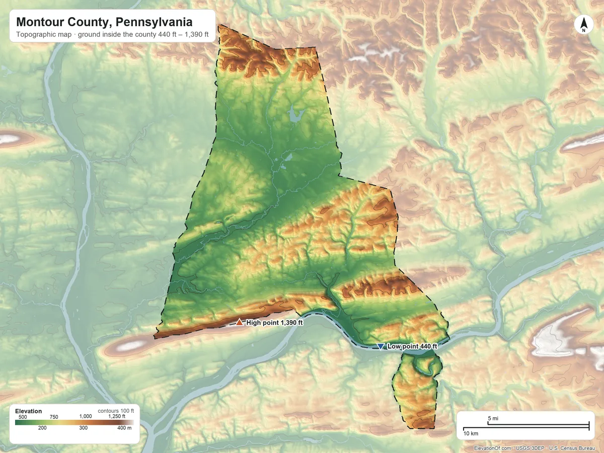 Topographic elevation map of Montour County, Pennsylvania, shaded from 440 ft on the southeast side to 1,390 ft on the southwest side