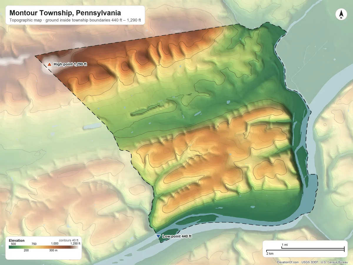 Topographic elevation map of Montour Township, Pennsylvania, shaded from 440 ft on the southwest side to 1,290 ft on the west side