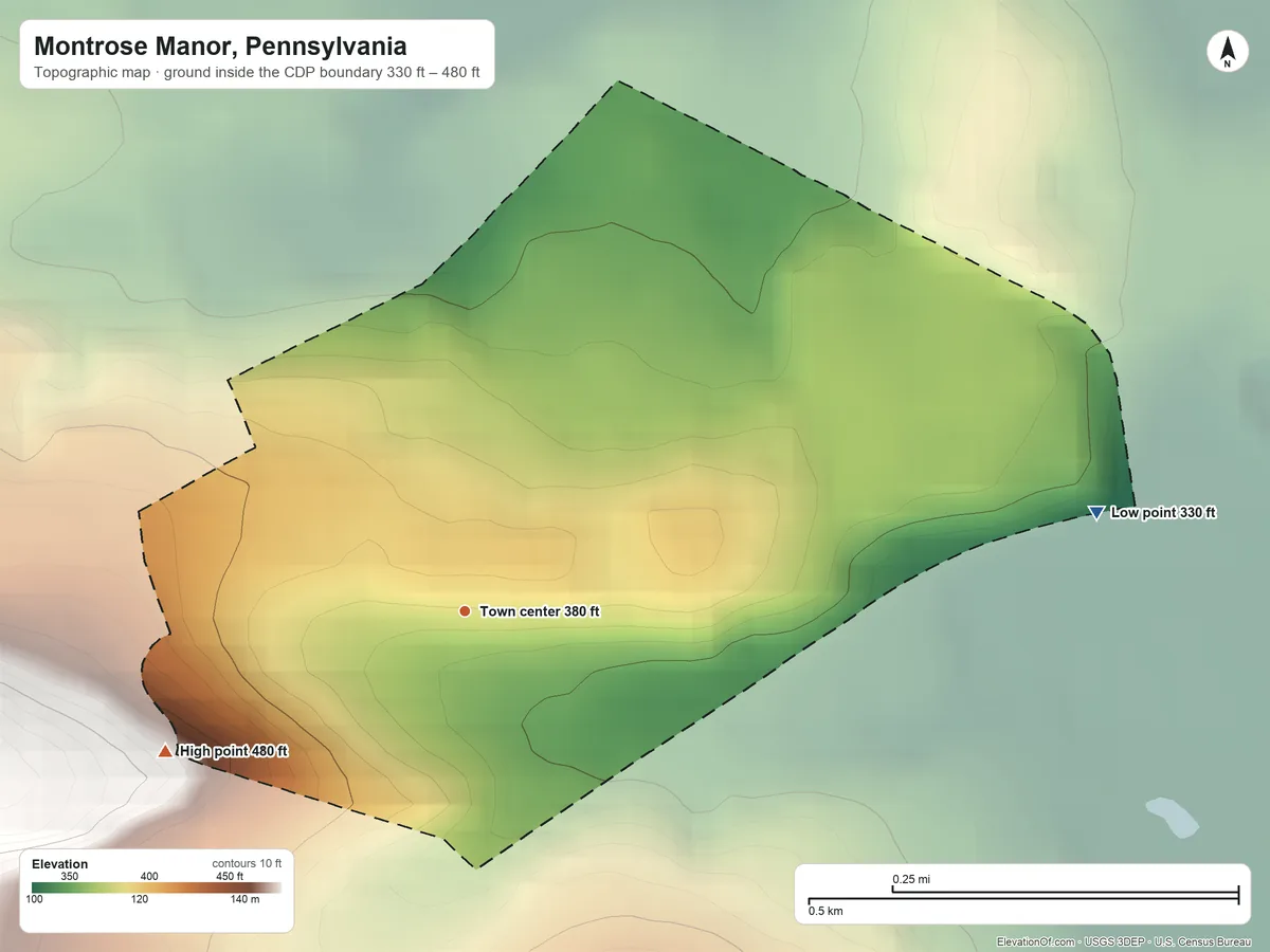 Topographic elevation map of Montrose Manor, Pennsylvania, shaded from 330 ft on the east side to 480 ft at the foot of the South Mountain