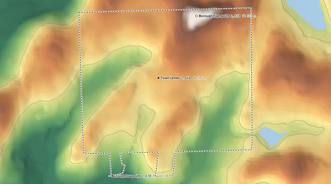 Topographic elevation map of Montrose, Pennsylvania, shaded from 1,470 ft on the southwest side to 1,850 ft on the northeast side