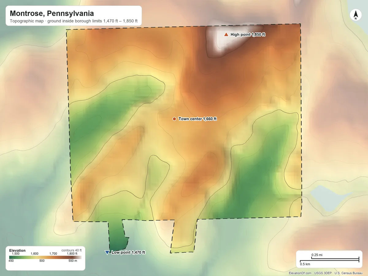 Topographic elevation map of Montrose, Pennsylvania, shaded from 1,470 ft on the southwest side to 1,850 ft on the northeast side