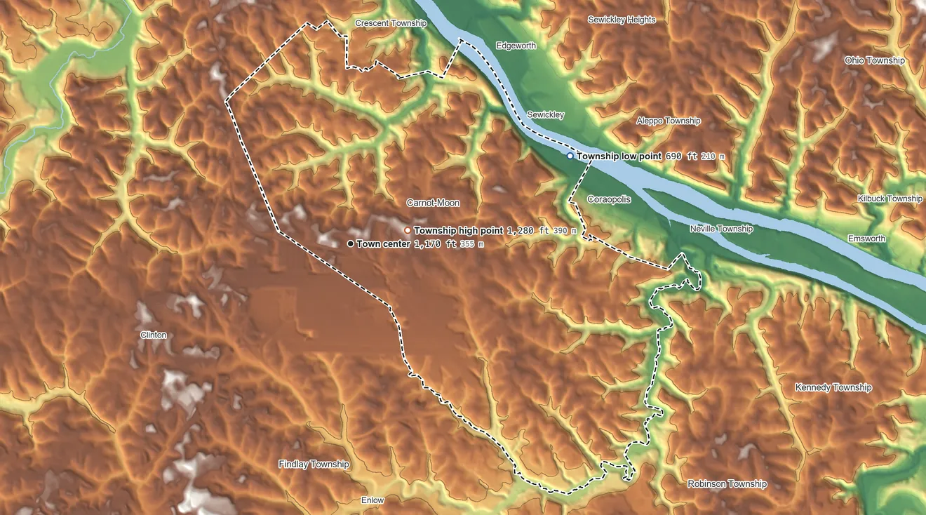 Topographic elevation map of Moon Township, Pennsylvania, shaded from 690 ft on the east side to 1,280 ft near the middle