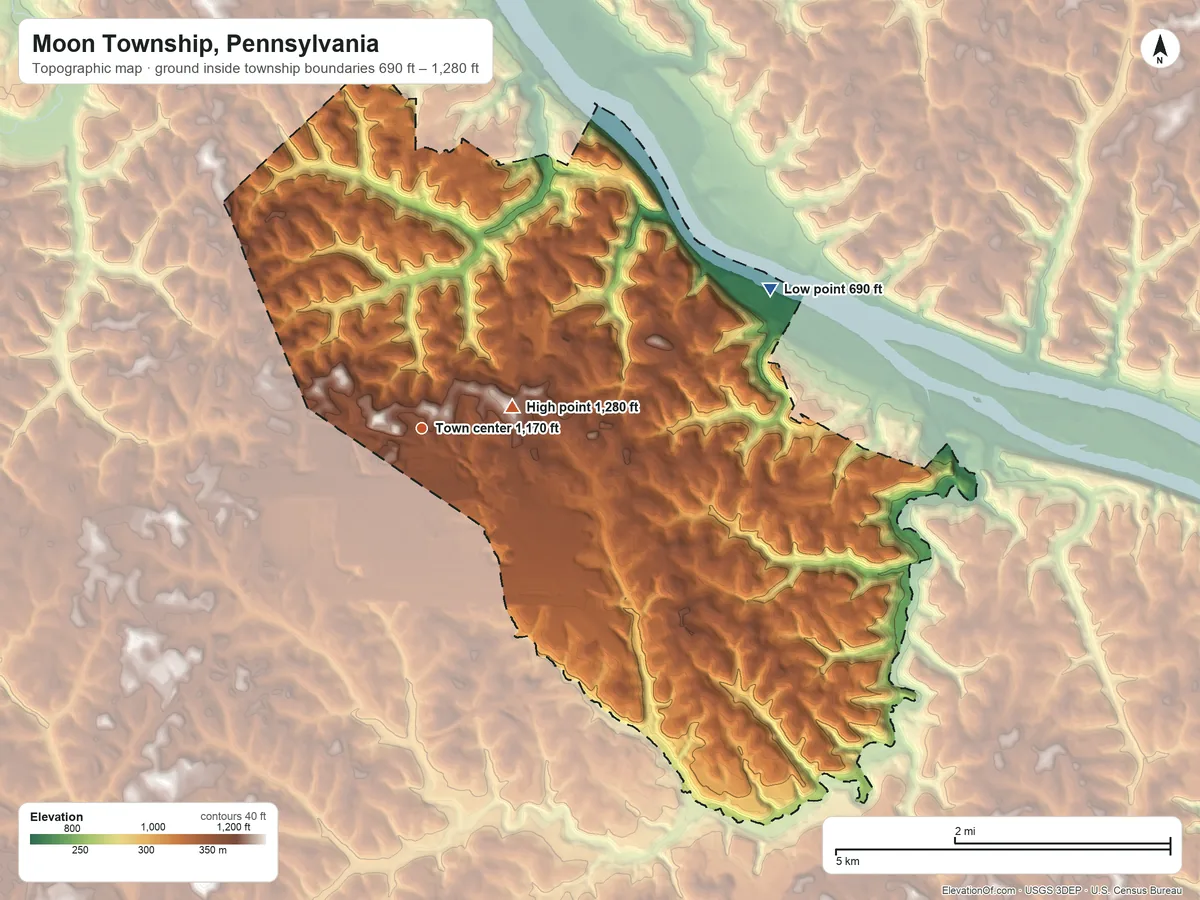 Topographic elevation map of Moon Township, Pennsylvania, shaded from 690 ft on the east side to 1,280 ft near the middle