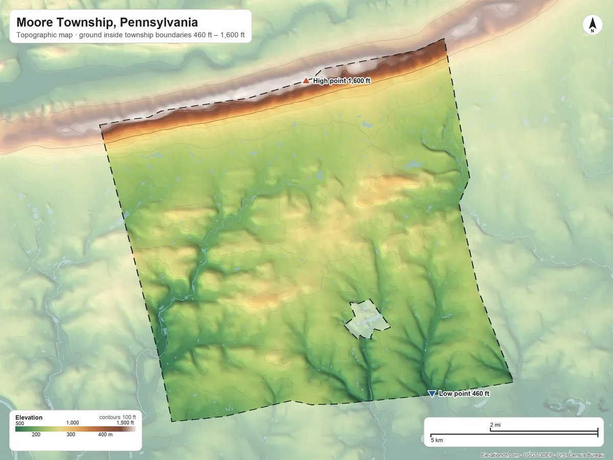 Topographic elevation map of Moore Township, Pennsylvania, shaded from 460 ft on the southeast side to 1,600 ft on the north side