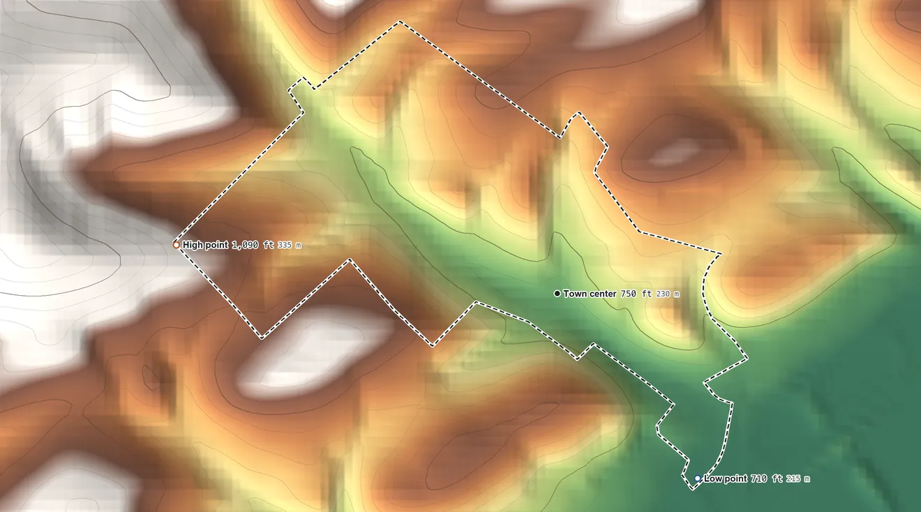 Topographic elevation map of Moose Run, Pennsylvania, shaded from 710 ft on the southeast side to 1,090 ft on the west edge, below higher ground just outside
