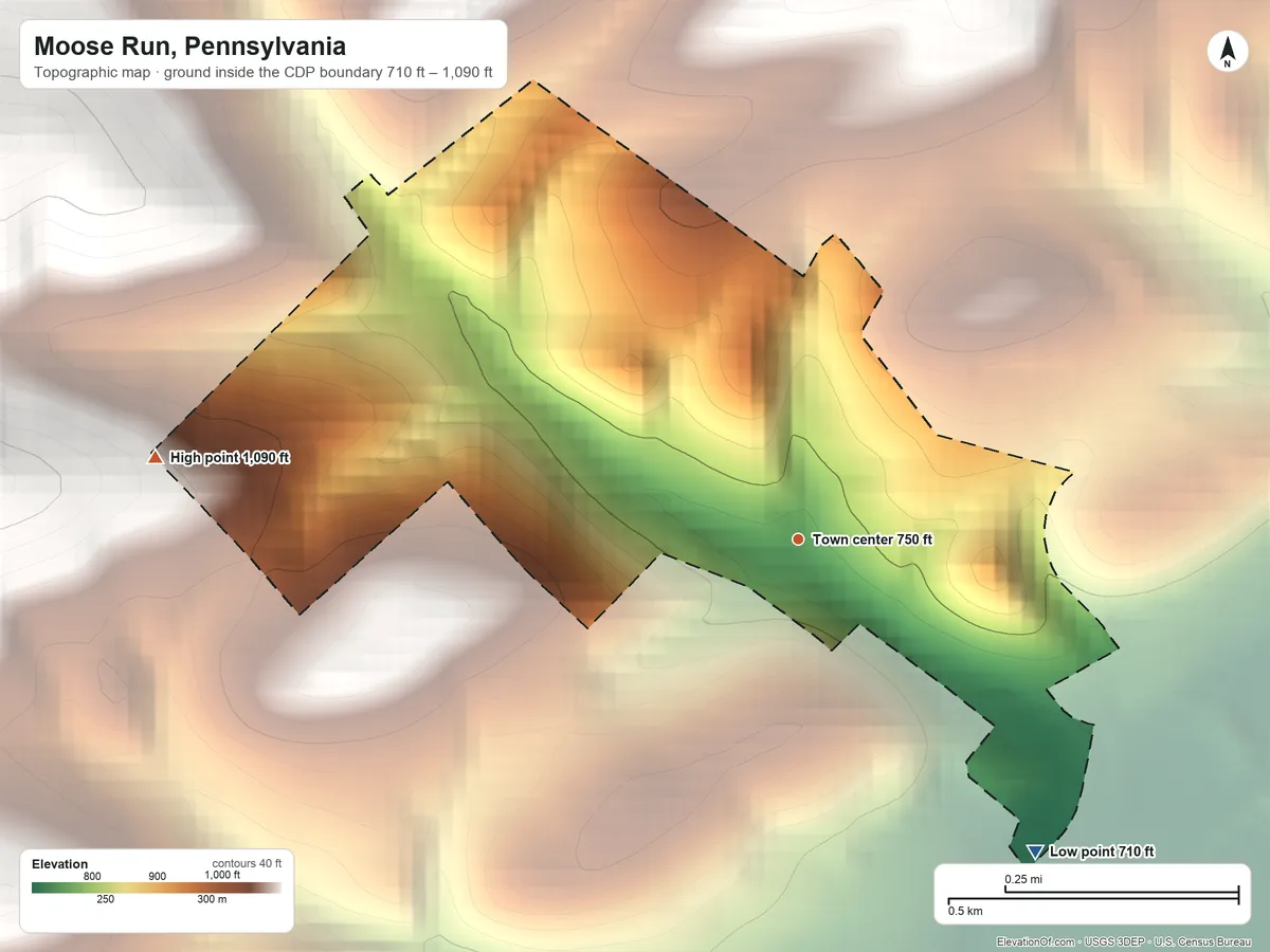Topographic elevation map of Moose Run, Pennsylvania, shaded from 710 ft on the southeast side to 1,090 ft on the west edge, below higher ground just outside