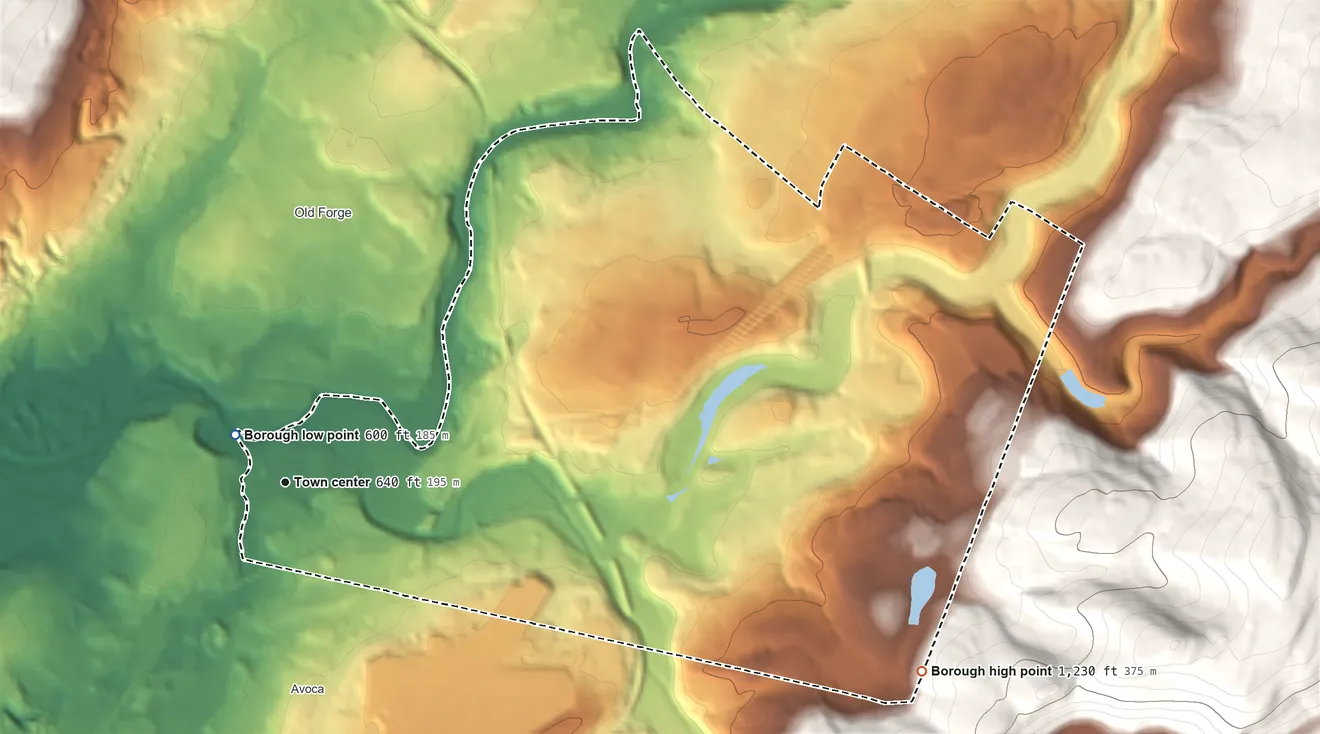 Topographic elevation map of Moosic, Pennsylvania, shaded from 600 ft near the middle to 1,230 ft on the east edge, below higher ground just outside