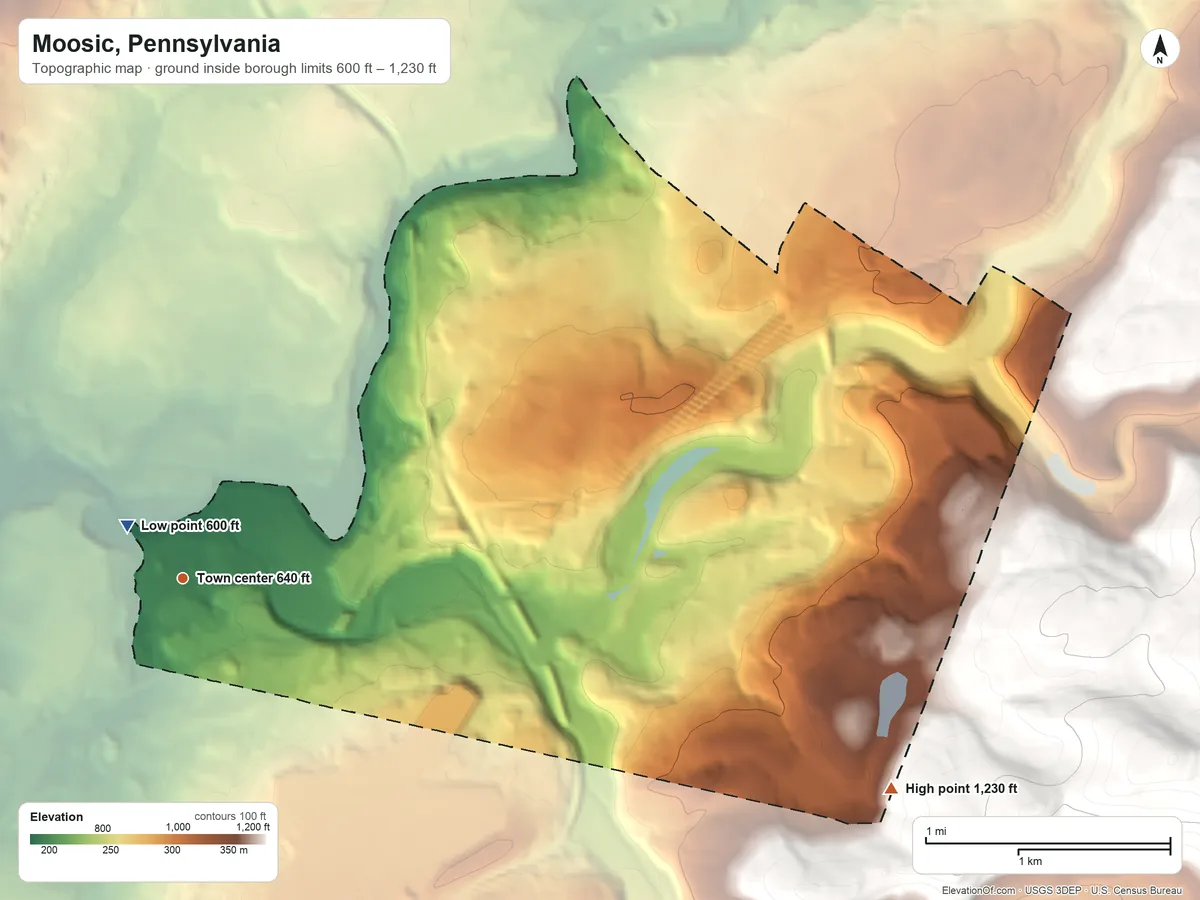 Topographic elevation map of Moosic, Pennsylvania, shaded from 600 ft near the middle to 1,230 ft on the east edge, below higher ground just outside