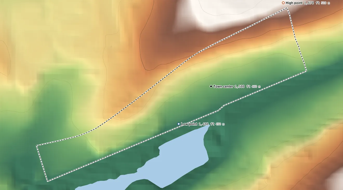 Topographic elevation map of Morea, Pennsylvania, shaded from 1,480 ft on the southwest side to 1,670 ft on the northeast side