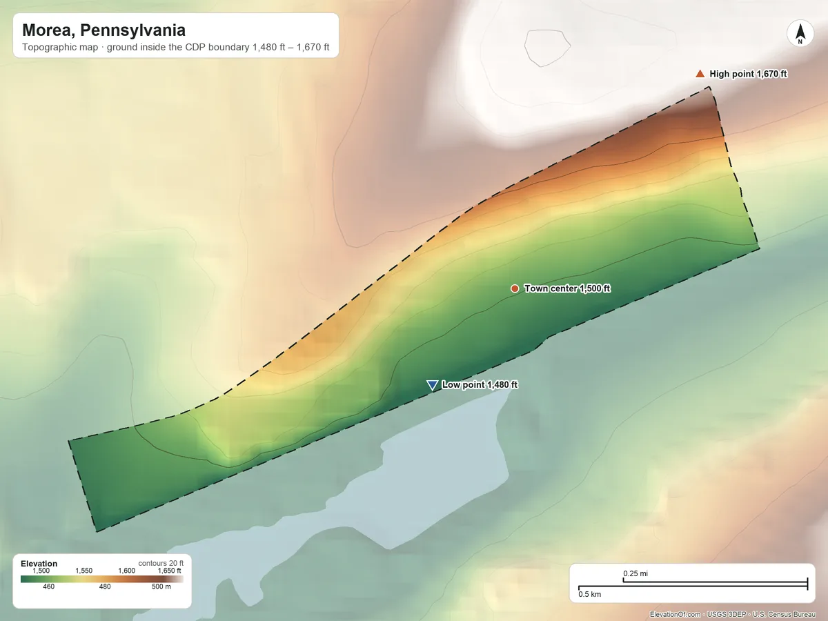 Topographic elevation map of Morea, Pennsylvania, shaded from 1,480 ft on the southwest side to 1,670 ft on the northeast side