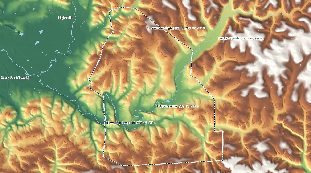 Topographic elevation map of Moreland Township, Pennsylvania, shaded from 570 ft on the west side to 1,280 ft on the north side