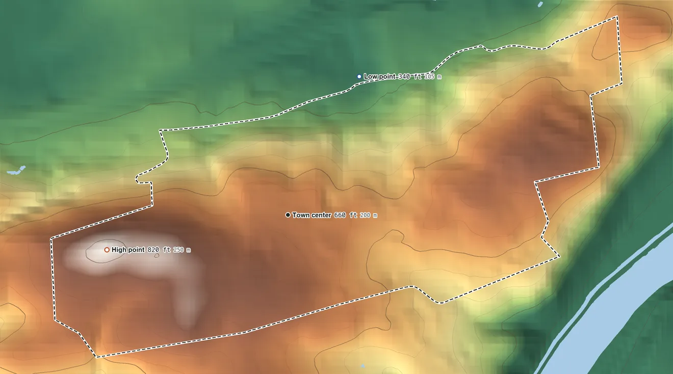 Topographic elevation map of Morgan Hill, Pennsylvania, shaded from 340 ft on the northeast side to 820 ft on Morgan Hill