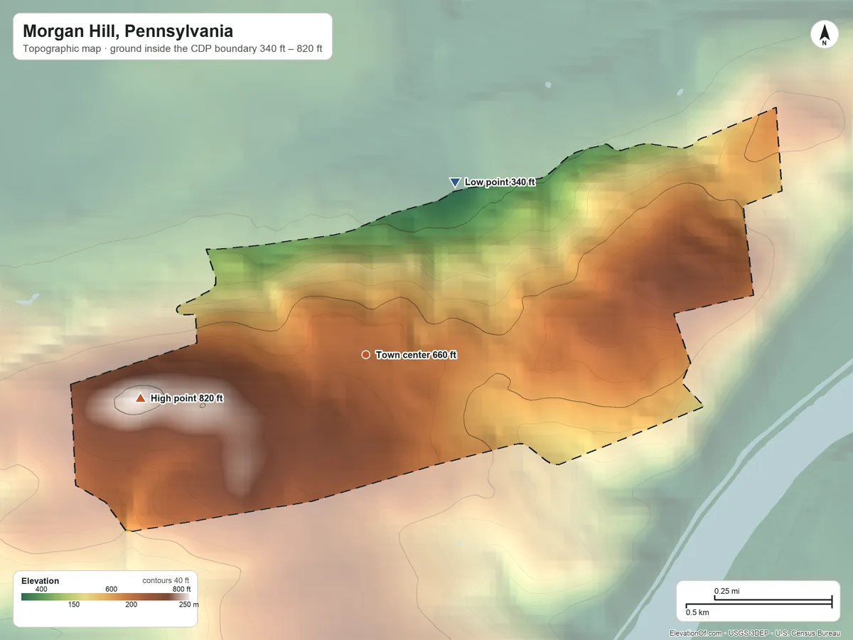 Topographic elevation map of Morgan Hill, Pennsylvania, shaded from 340 ft on the northeast side to 820 ft on Morgan Hill