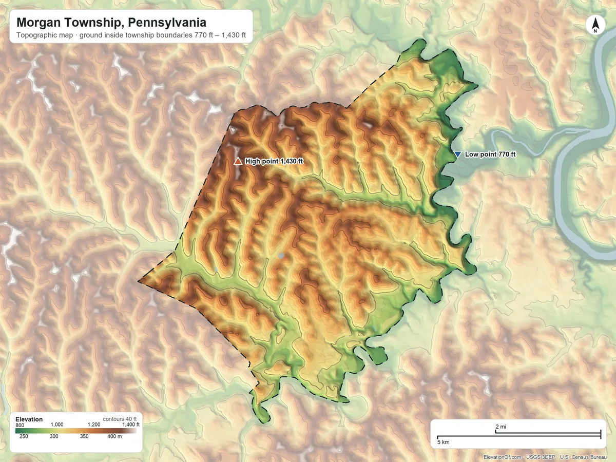 Topographic elevation map of Morgan Township, Pennsylvania, shaded from 770 ft on the northeast side to 1,430 ft on the northwest side