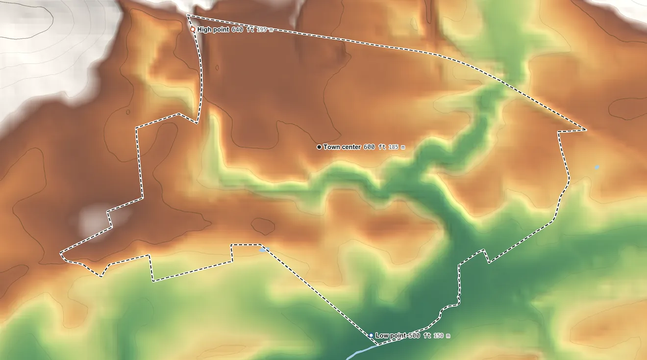 Topographic elevation map of Morgantown, Pennsylvania, shaded from 500 ft on the south side to 640 ft at the foot of The Baron Hills