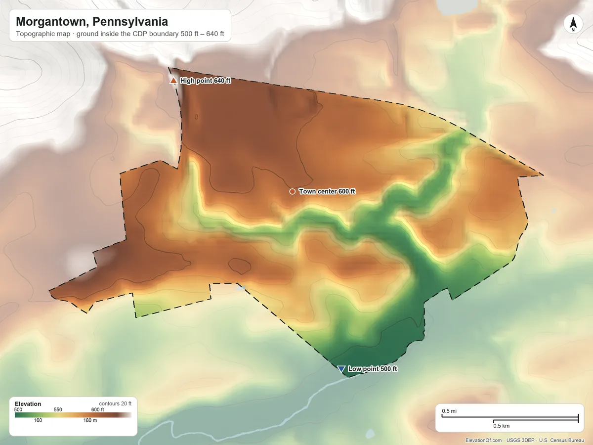 Topographic elevation map of Morgantown, Pennsylvania, shaded from 500 ft on the south side to 640 ft at the foot of The Baron Hills
