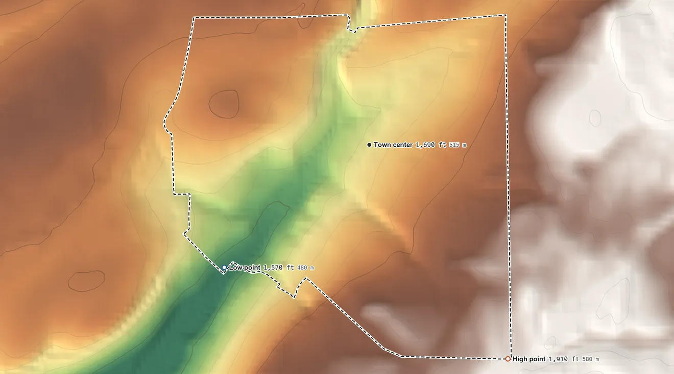 Topographic elevation map of Morris Run, Pennsylvania, shaded from 1,570 ft on the southwest side to 1,910 ft on the southeast side