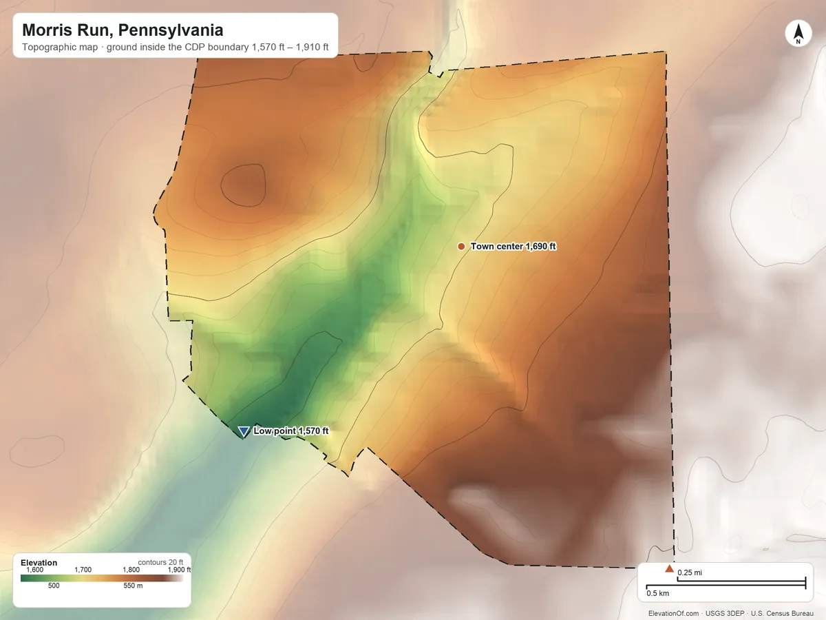 Topographic elevation map of Morris Run, Pennsylvania, shaded from 1,570 ft on the southwest side to 1,910 ft on the southeast side