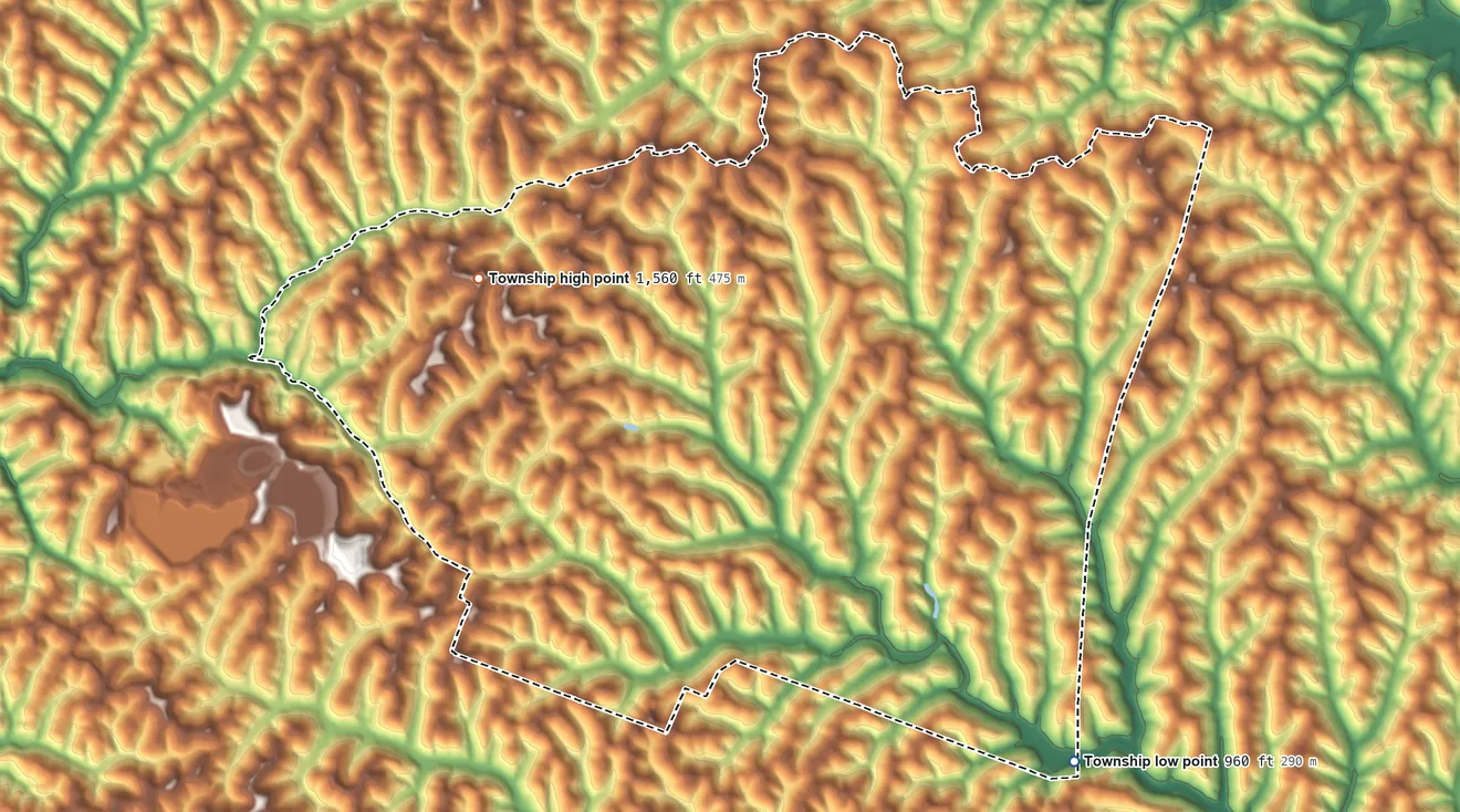 Topographic elevation map of Morris Township, Greene County, Pennsylvania, shaded from 960 ft on the southeast side to 1,560 ft on the west side