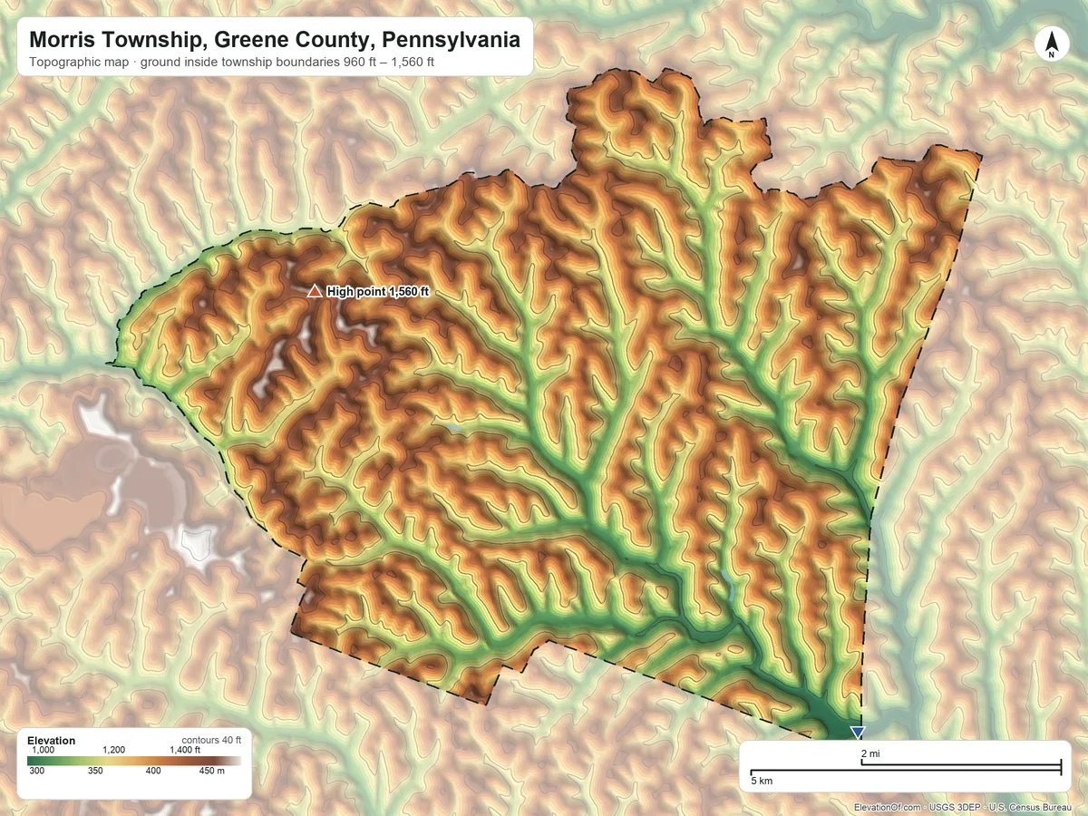 Topographic elevation map of Morris Township, Greene County, Pennsylvania, shaded from 960 ft on the southeast side to 1,560 ft on the west side