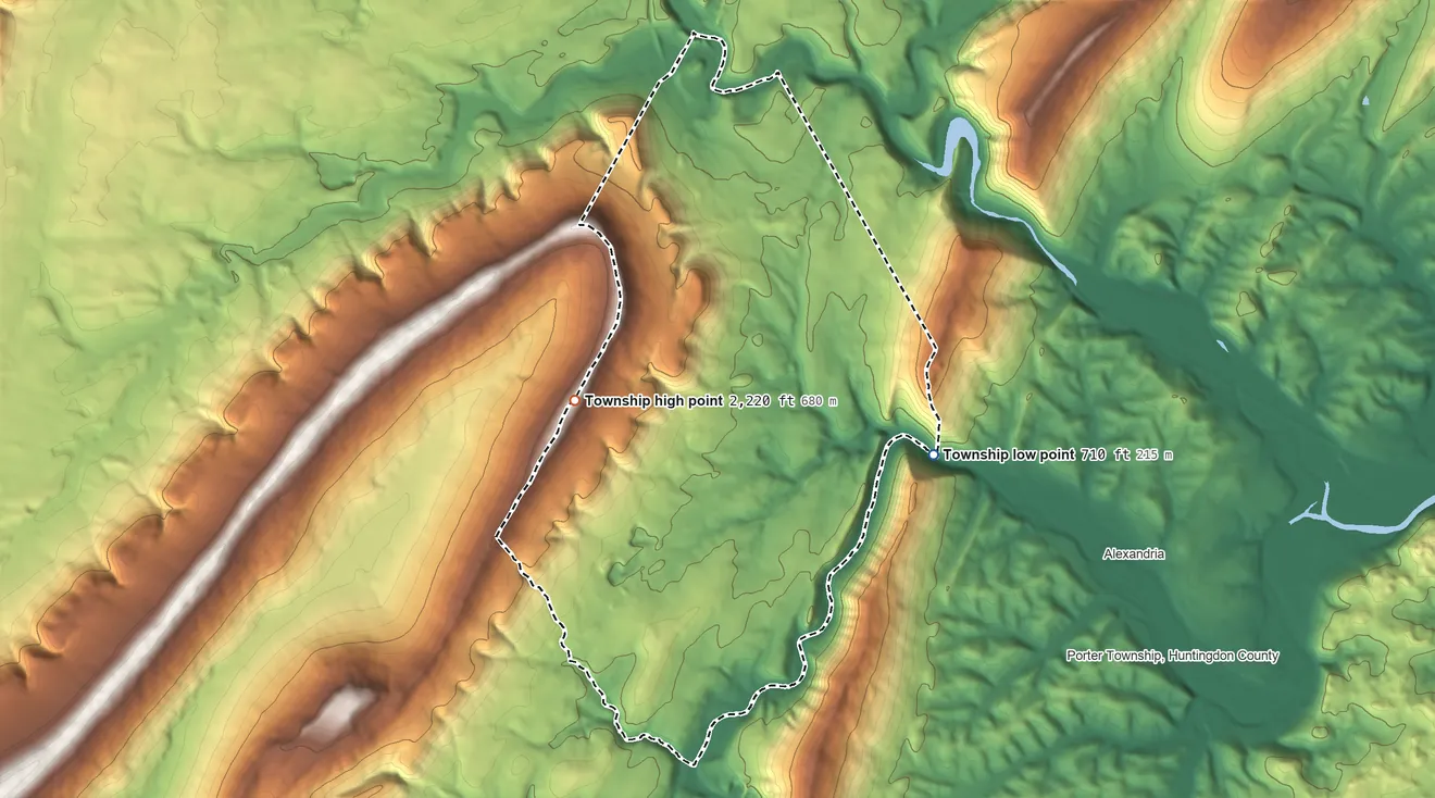 Topographic elevation map of Morris Township, Huntingdon County, Pennsylvania, shaded from 710 ft on the east side to 2,220 ft on the west side
