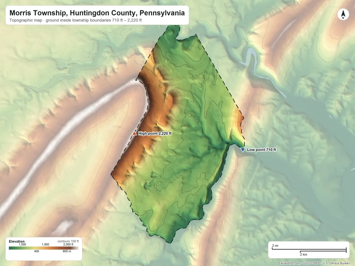Topographic elevation map of Morris Township, Huntingdon County, Pennsylvania, shaded from 710 ft on the east side to 2,220 ft on the west side
