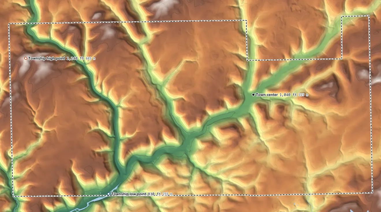 Topographic elevation map of Morris Township, Tioga County, Pennsylvania, shaded from 830 ft on the southwest side to 2,240 ft on Fahnestock Hill