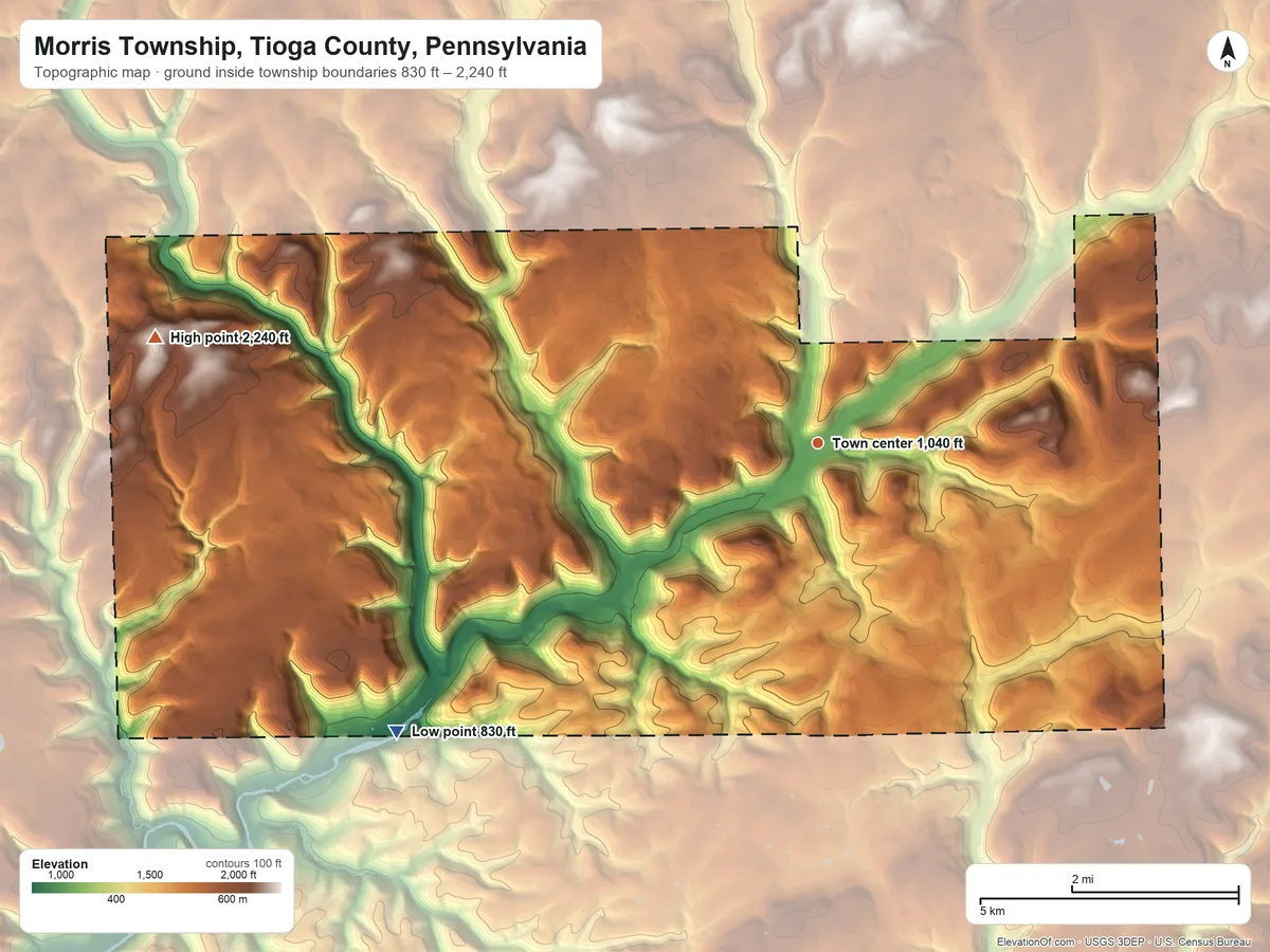Topographic elevation map of Morris Township, Tioga County, Pennsylvania, shaded from 830 ft on the southwest side to 2,240 ft on Fahnestock Hill