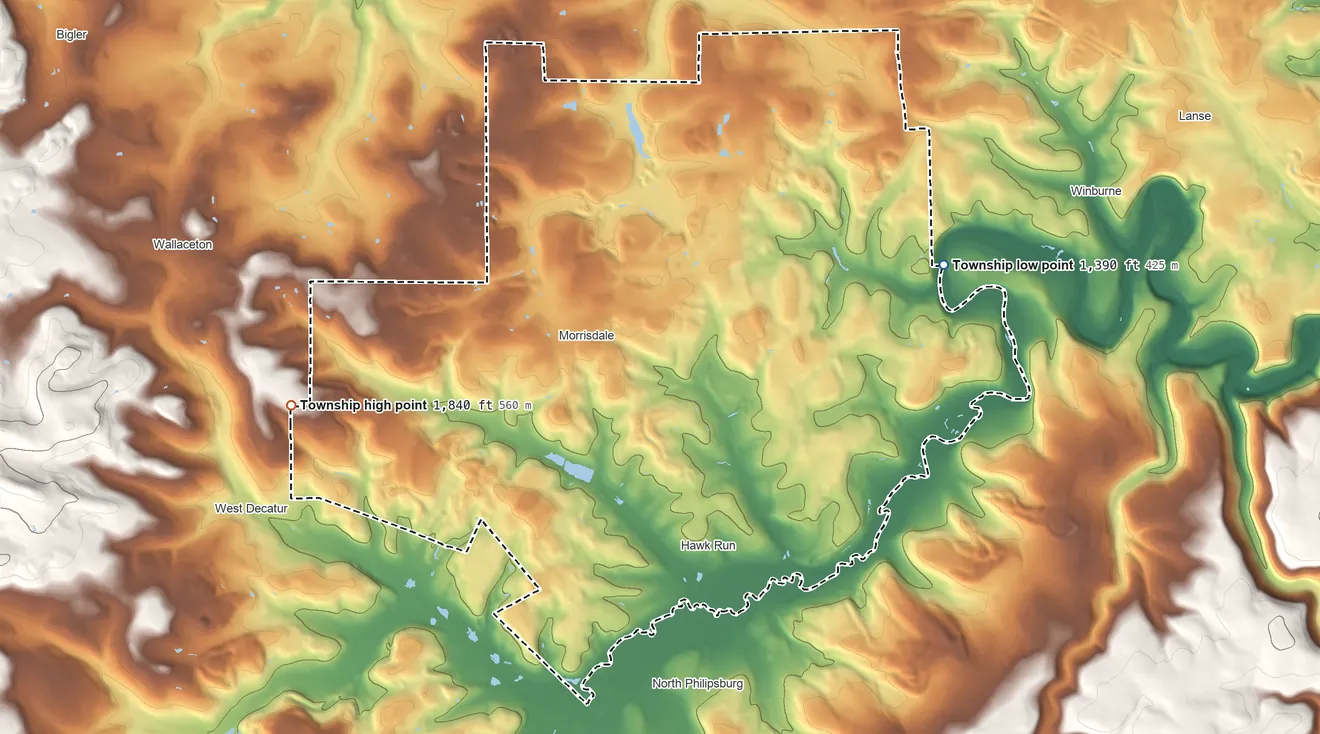 Topographic elevation map of Morris Township, Pennsylvania, shaded from 1,390 ft on the east side to 1,840 ft on the west side