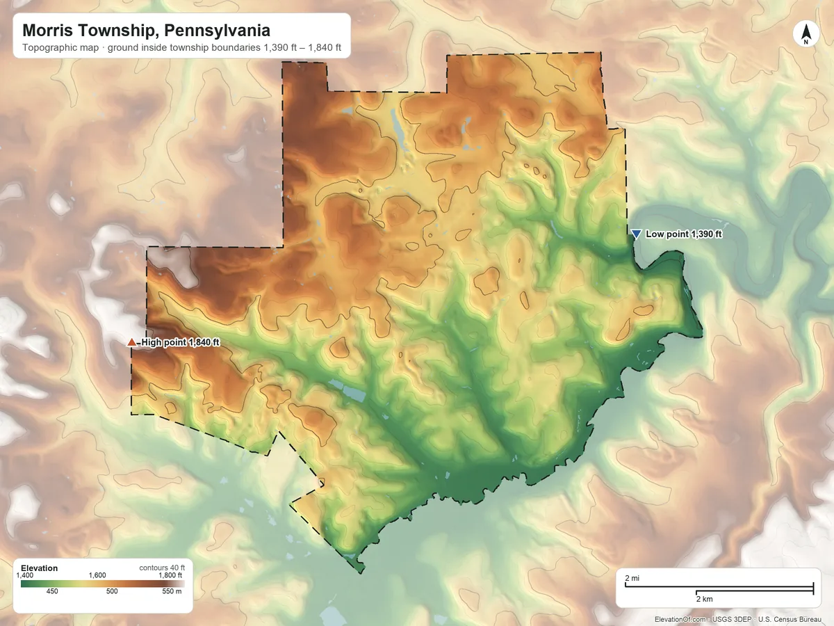 Topographic elevation map of Morris Township, Pennsylvania, shaded from 1,390 ft on the east side to 1,840 ft on the west side
