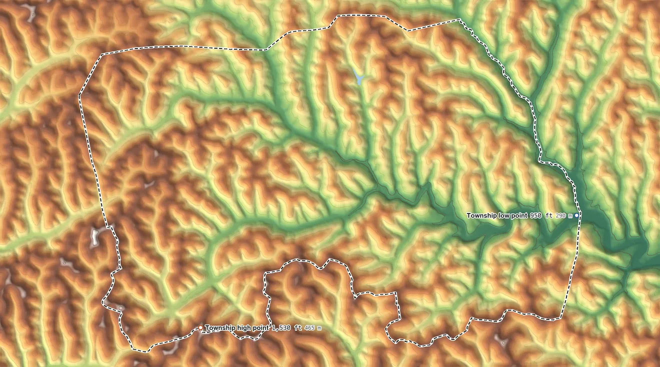 Topographic elevation map of Morris Township, Washington County, Pennsylvania, shaded from 950 ft on the east side to 1,530 ft on the southwest side