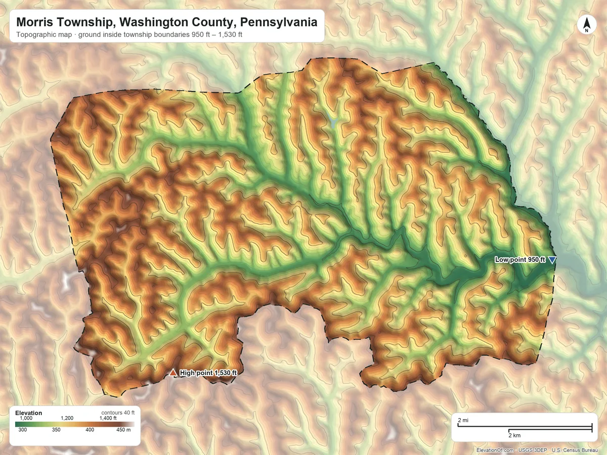 Topographic elevation map of Morris Township, Washington County, Pennsylvania, shaded from 950 ft on the east side to 1,530 ft on the southwest side
