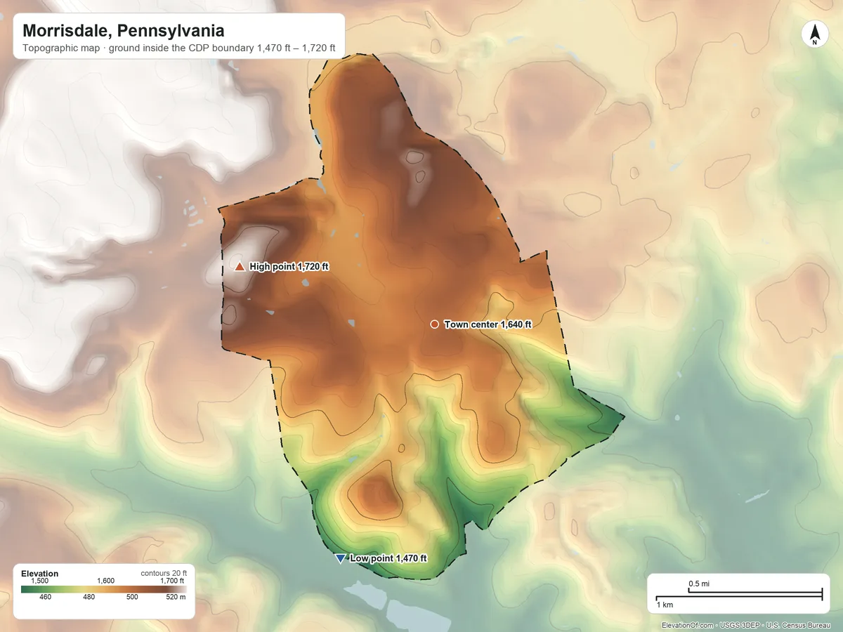 Topographic elevation map of Morrisdale, Pennsylvania, shaded from 1,470 ft on the south side to 1,720 ft on the west side