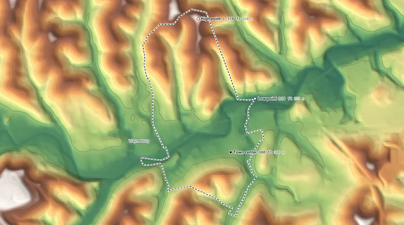 Topographic elevation map of Morrisville, Greene County, Pennsylvania, shaded from 910 ft on the northeast side to 1,370 ft on the north side