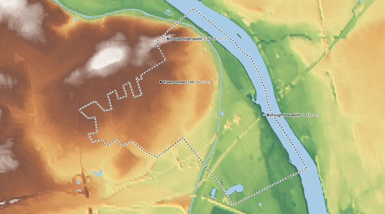 Topographic elevation map of Morrisville, Pennsylvania, shaded from 1 ft on the east side to 130 ft on the north side
