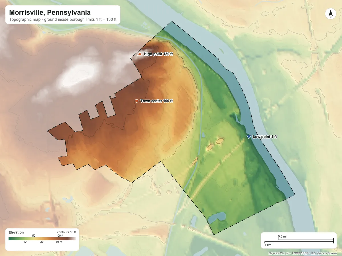 Topographic elevation map of Morrisville, Pennsylvania, shaded from 1 ft on the east side to 130 ft on the north side