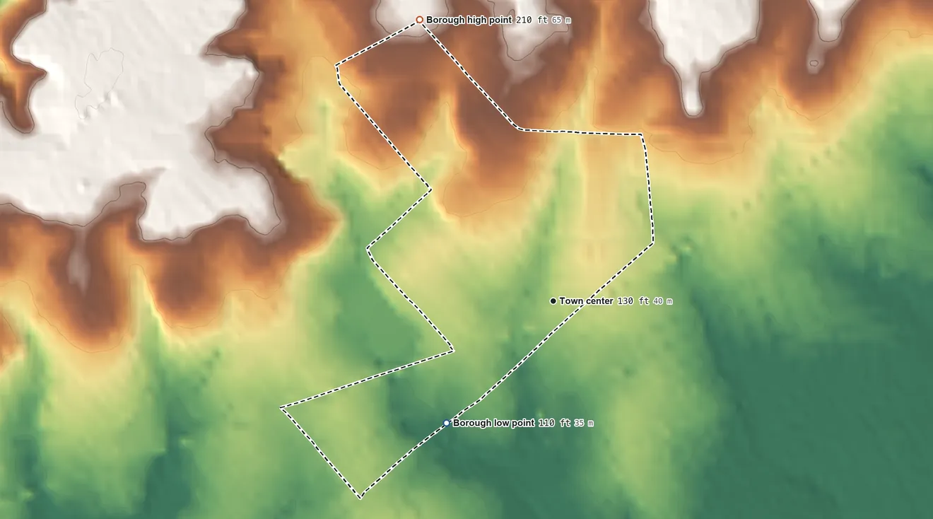 Topographic elevation map of Morton, Pennsylvania, shaded from 110 ft on the southwest side to 210 ft on the northwest side