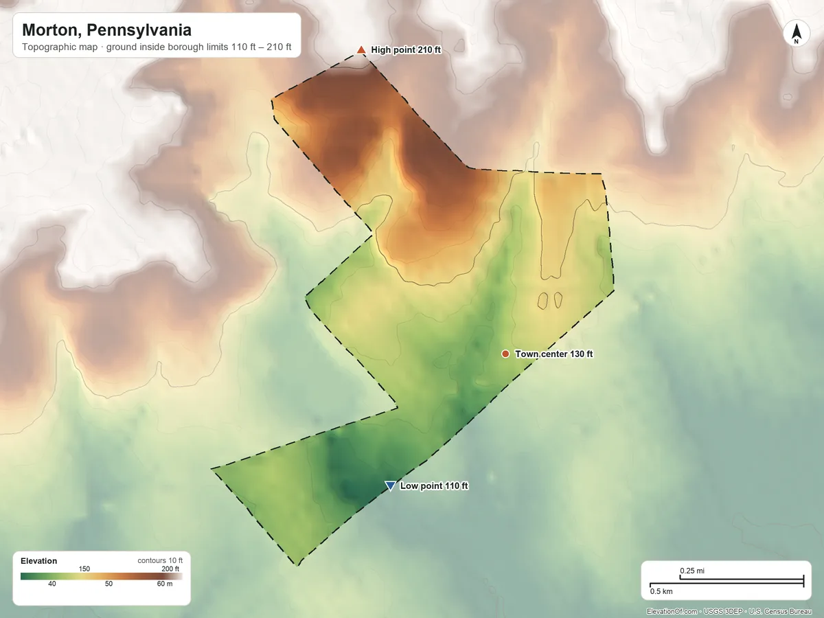 Topographic elevation map of Morton, Pennsylvania, shaded from 110 ft on the southwest side to 210 ft on the northwest side